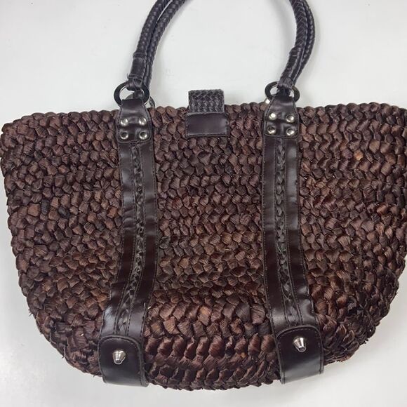 OVERSIZED WOVEN SHOULDER PURSE VINTAGE 100% STRAW BROWN WOMAN BAG - Picture 2 of 15